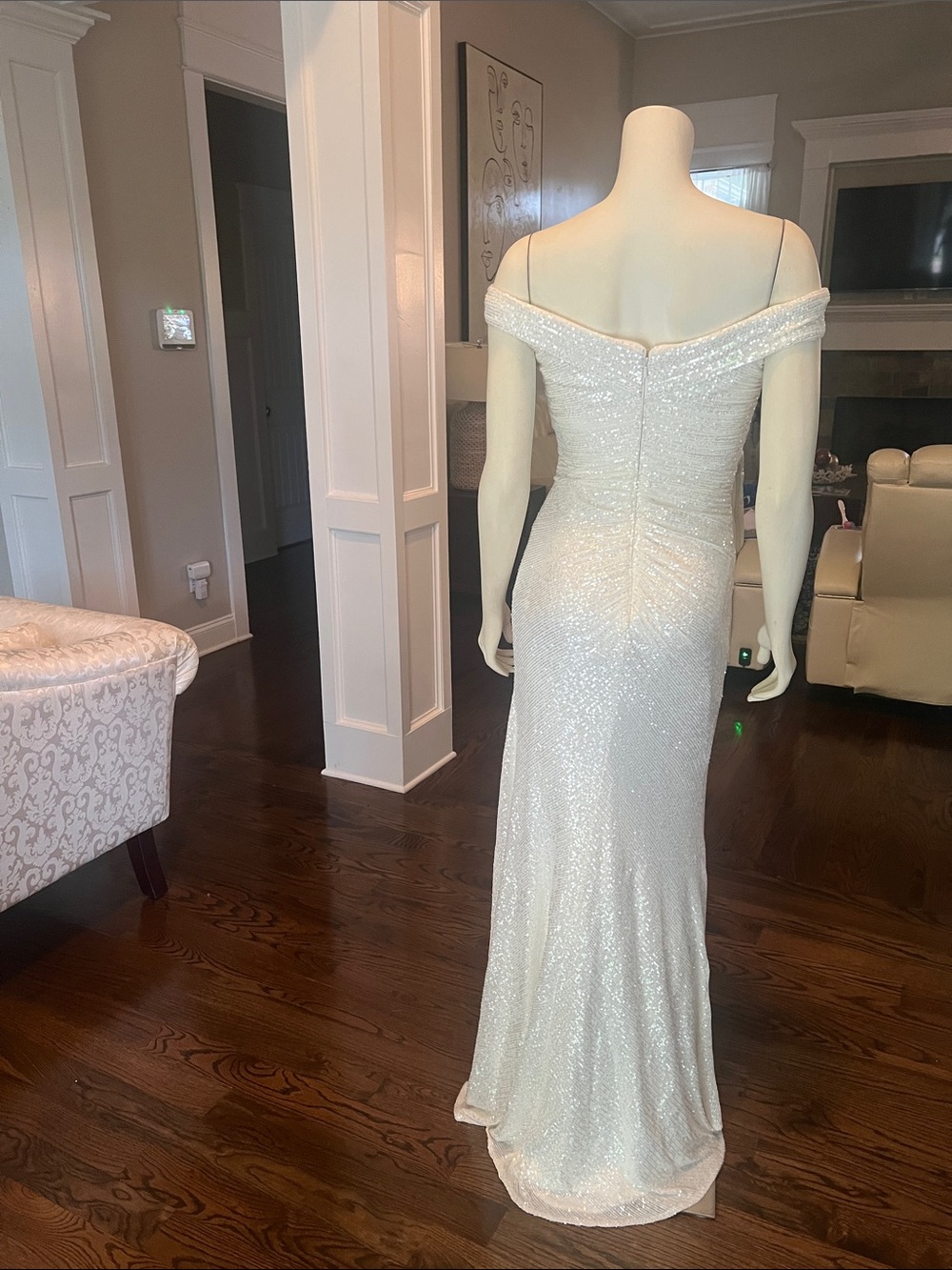 Off-Shoulder Glitter Evening Gown in White - Picture 8 of 12